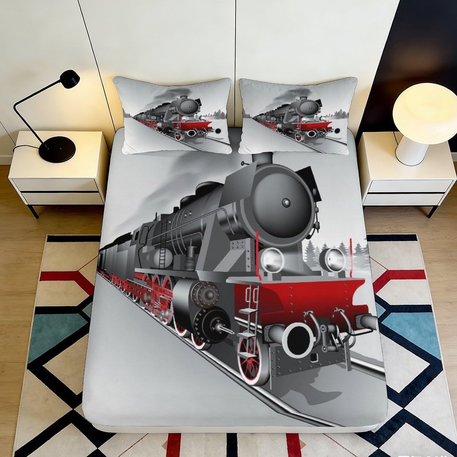 3D Printed Steam Train Fitted Sheet Microfiber Railway Locomotive Bed Cover Anti-Slip Machine Washable Decor for Bedroom 90x200x25cm