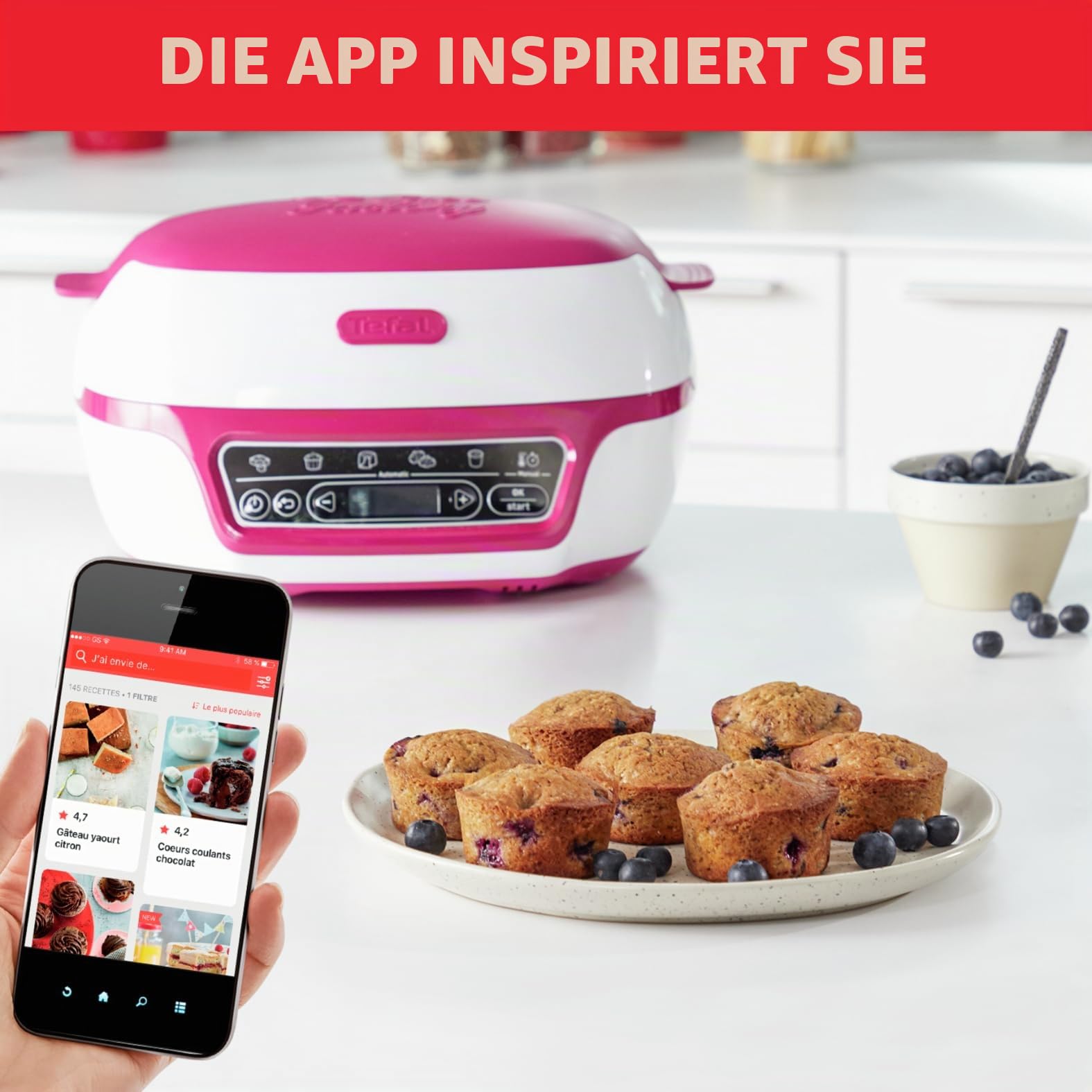 Tefal Cake Factory Délices KD8101 | Kuchenbackautomat | 5 Automatische Programme | Manueller Modus | Rezeptheft | Umfangreiches Zubehör | Gratis App | Kuchen und Süßspeisen | weiß / pink