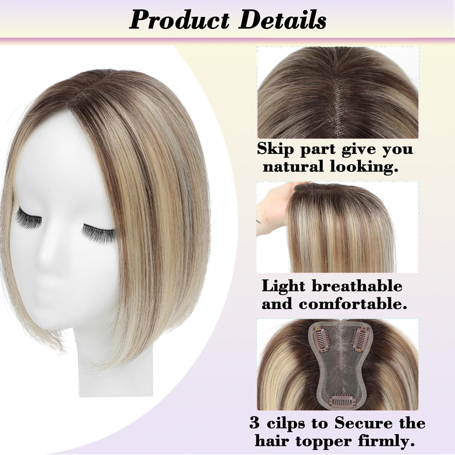 Hair Toppers for Women 10 Inch Hairpieces No Bangs Hairline Topper Wiglets Hairpieces for Thinning Hair Swiss Base Ombre Light Brown with Blond Highlight2T613 - Image 2