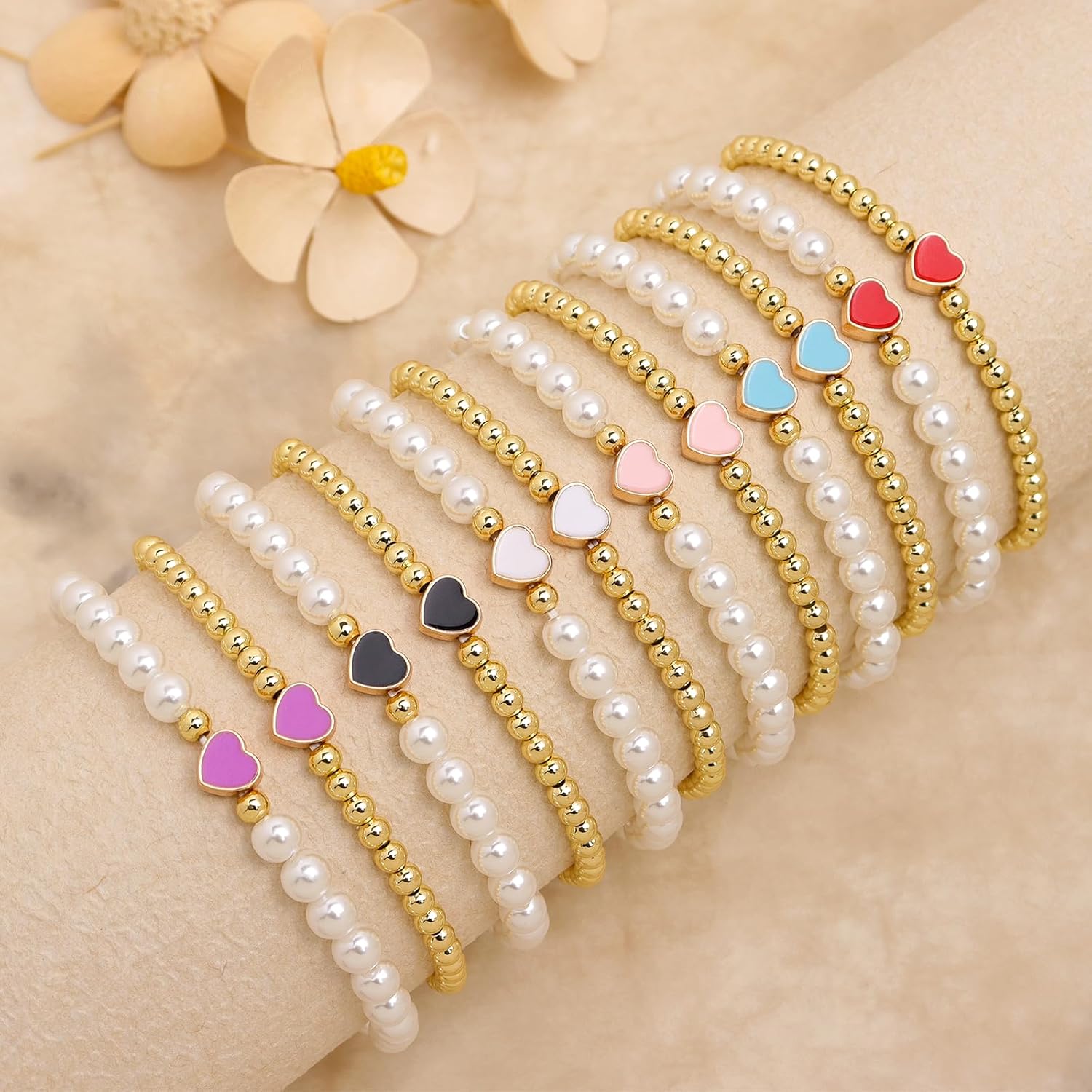 White Ball Beaded Heart Stack Bracelets Set for Women, 2Pcs Boho Handmade Gold Beads Pearl Stackable Stretch Fashion Jewelry Gift. - Image 7