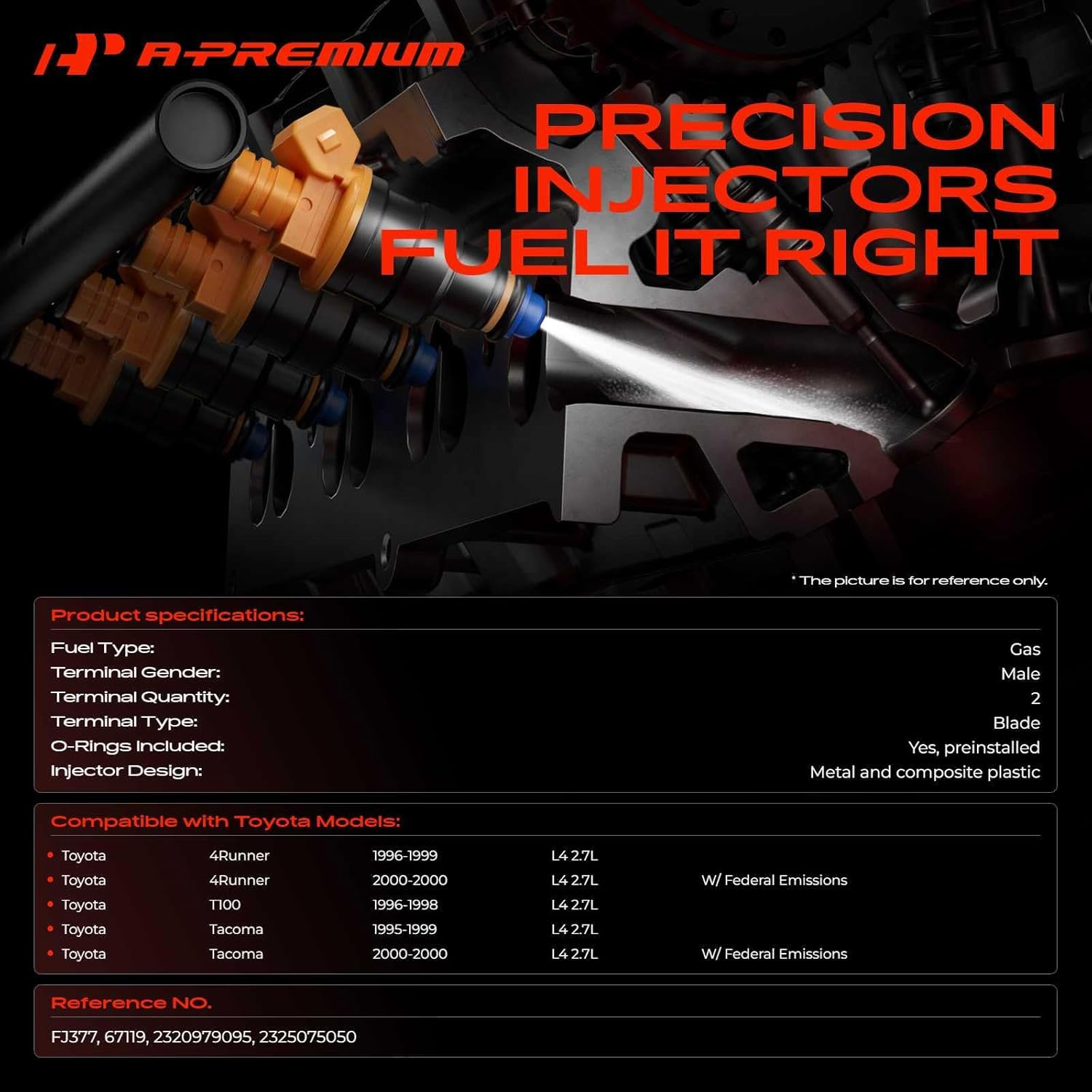 A-Premium Set of 4 Fuel Injectors Compatible with Toyota Tacoma 1995-2000, 4Runner 1996-2000, T100 1996-1998, 2.7L, Replace# 2320979095