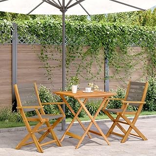 3 Piece Gray Acacia Wood Bistro Set for Patio Outdoor 29.5H Table & 2 Fold Chairs Compact Weather Ready Modern Balcony Furniture for Garden Apartment