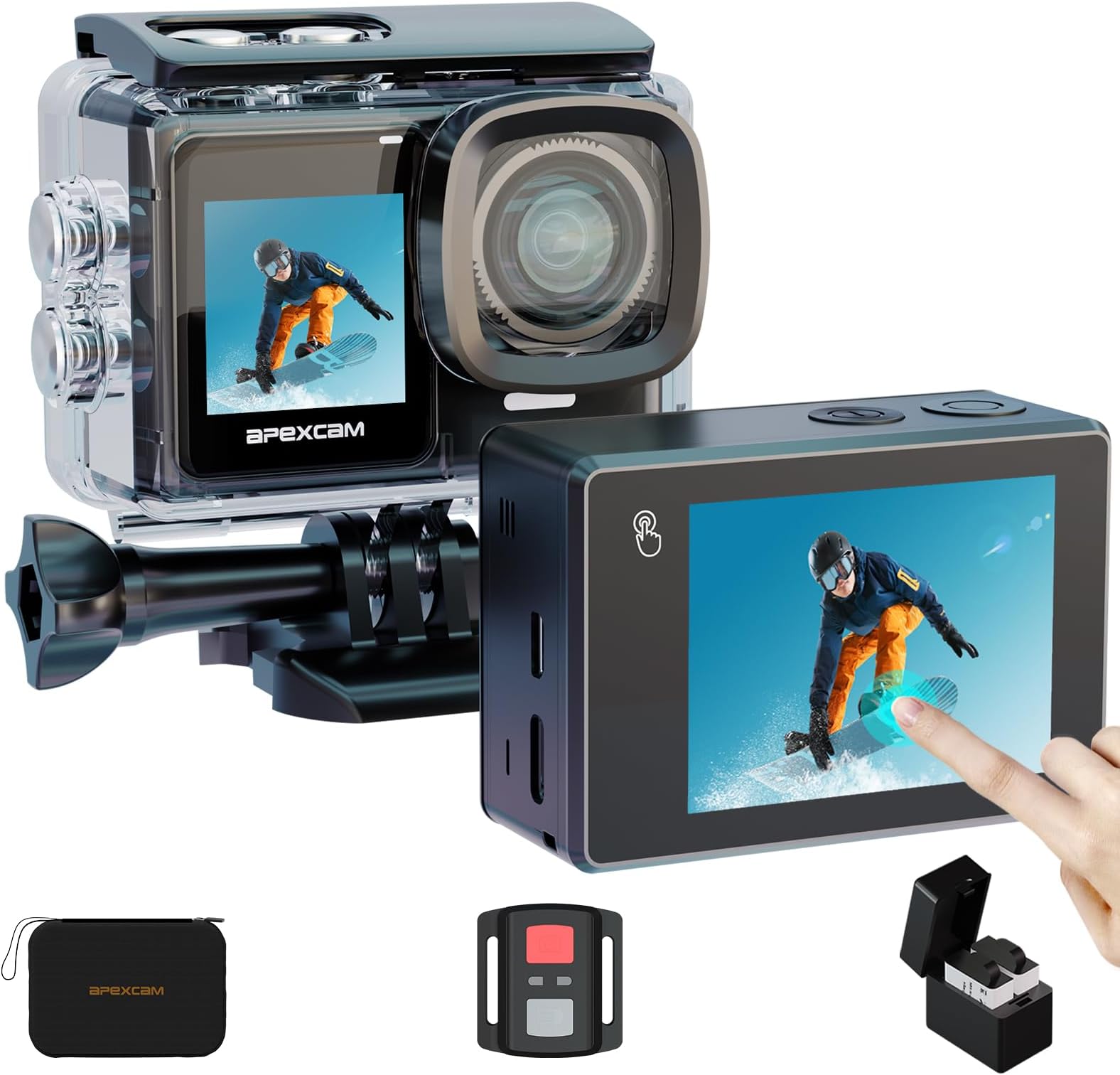 Apexcam4K/30FPS Action Camera Dual Touch Screen EIS 20MP 40M Waterproof Sports Camera Ultra HD 170°Wide-Angle 2.4G Remote Control Support External Mic 2 Rechargeable Batteries and Accessories Kit