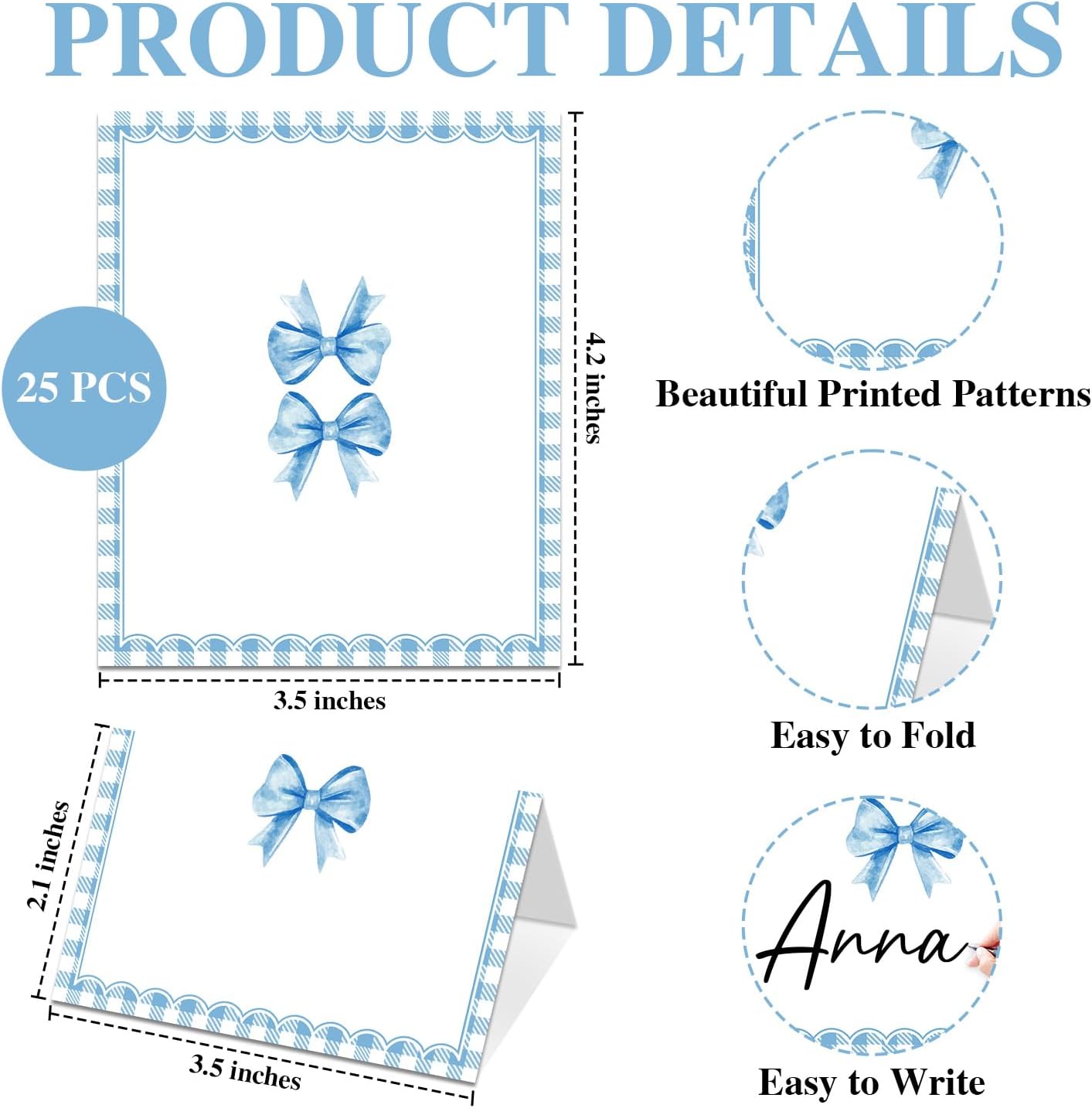 25Pcs Blue Bow Place Cards for Table Setting, Blue Gingham Tented Name Card, Seating Cards for Wedding Bridal Shower Birthday Party Banquet Dinner, 2.1 x 3.5 Inch (Folded) -05