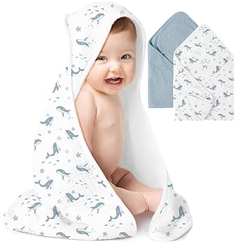 Konssy 2-Pack Muslin Hooded Baby Towels, 100% Cotton, Ultra-Soft & Absorbent Baby Bath Towels with Hood for Newborn & Infant Blue, Blue Whale, 32" x 32"