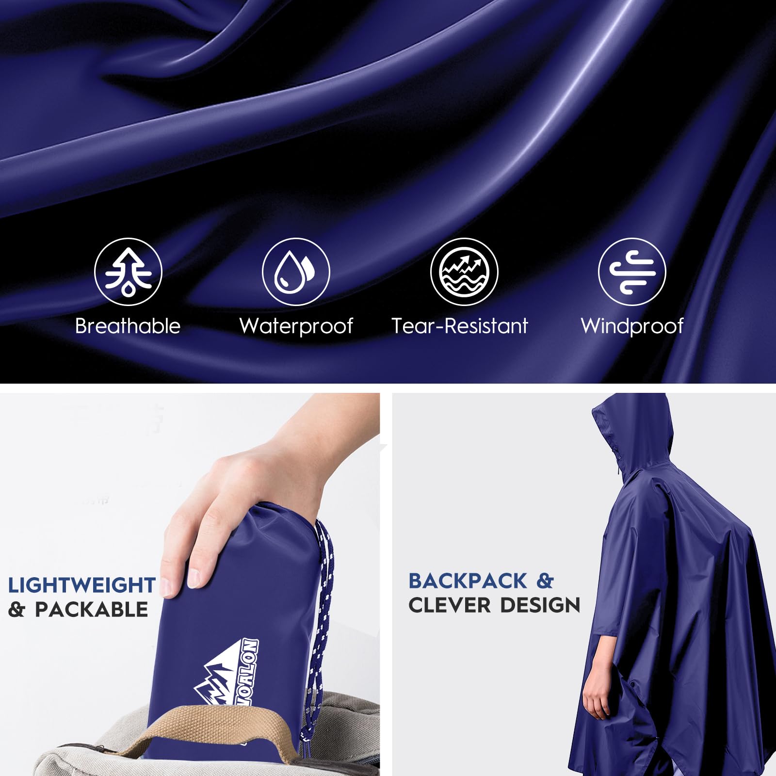 Bruvoalon 3-in-1-Regenponcho mit 1/4-Reißverschluss & Brusttasche, wasserdicht, Sonnenschutz, Bodenmatte für Erwachsene & Jugendliche, Notfall