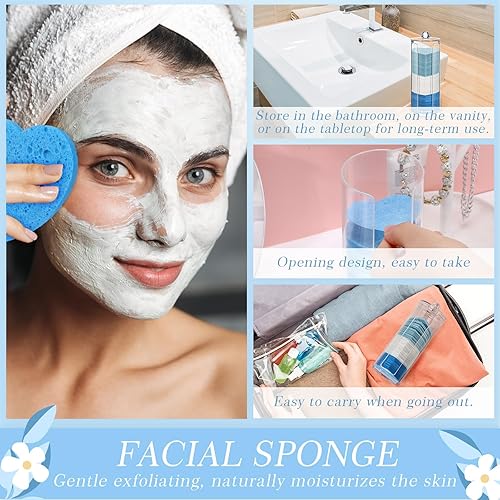 Vista 31 de Sieral 120 esponjas faciales comprimidas con contenedor, almohadillas de esponja desechables para lavar la cara, exfoliante, esteticista, Verde