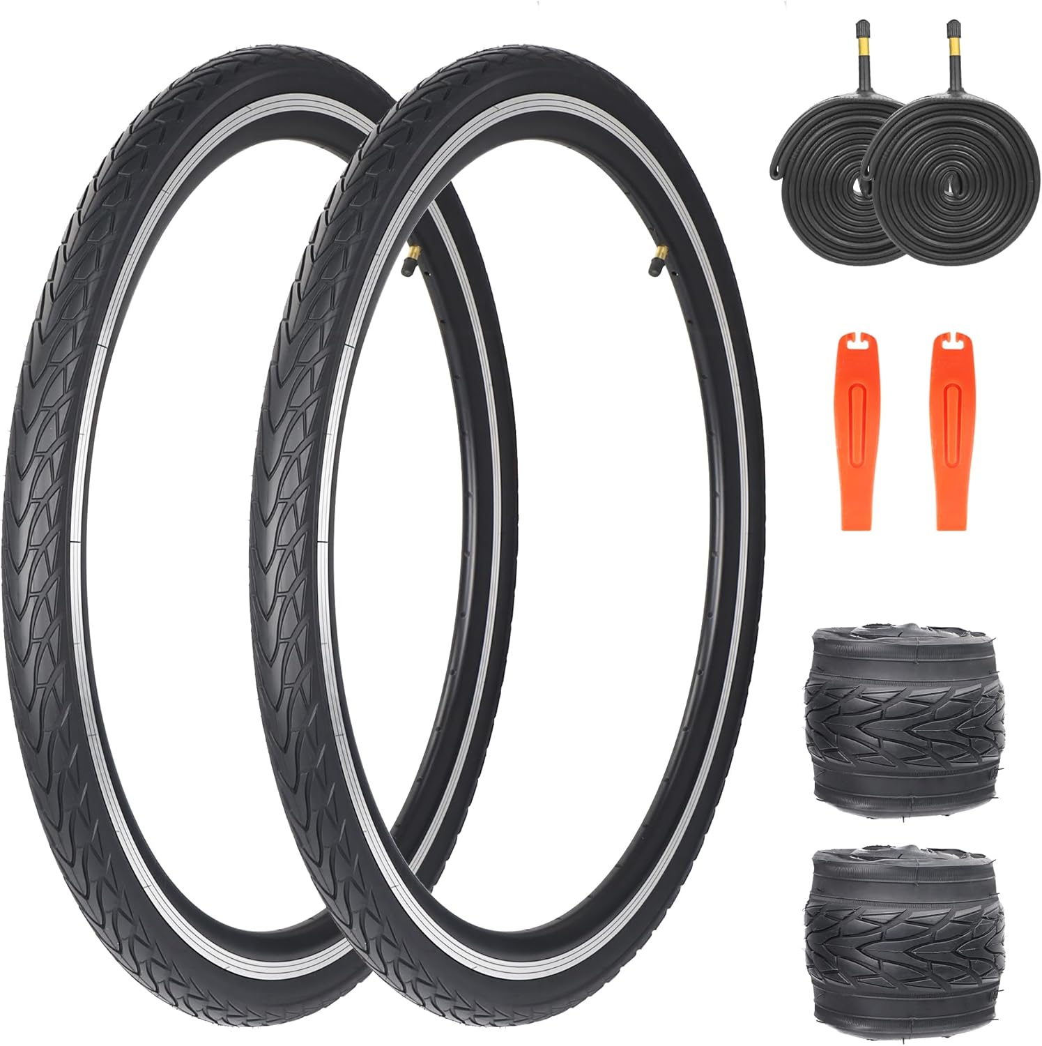 MEGHNA Bike Tire 24/26 inch Replacement 24 x 1.5 inch/26 x 1.5 inch Foldable Grooved Tread Anti-Slip Surface with Tire Levers for Kids Bike Folding Bike Cruiser Bike Tricycle