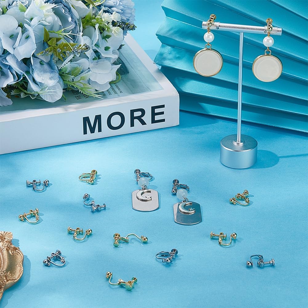 Beebeecraft 28Pcs 2 Colors Clip-on Earring Findings Screw Back 18K Gold Plated Stainless Steel Clip on Earring Converters Components with Loop for Non-Pierced Ears Women Jewelry Making