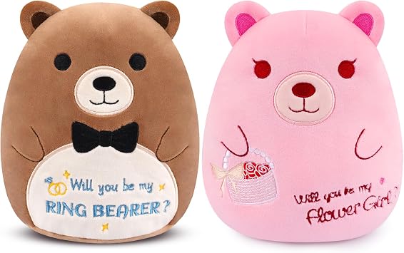 2 Pcs Wedding 7.8 Inch Teddy Bear Stuffed Animal,Will You Be My Flower Girl & Ring Bearer,Cute Flower Girls Ring Bearer Bear Gifts from Bride Groom for Girl Boys for Wedding Proposal