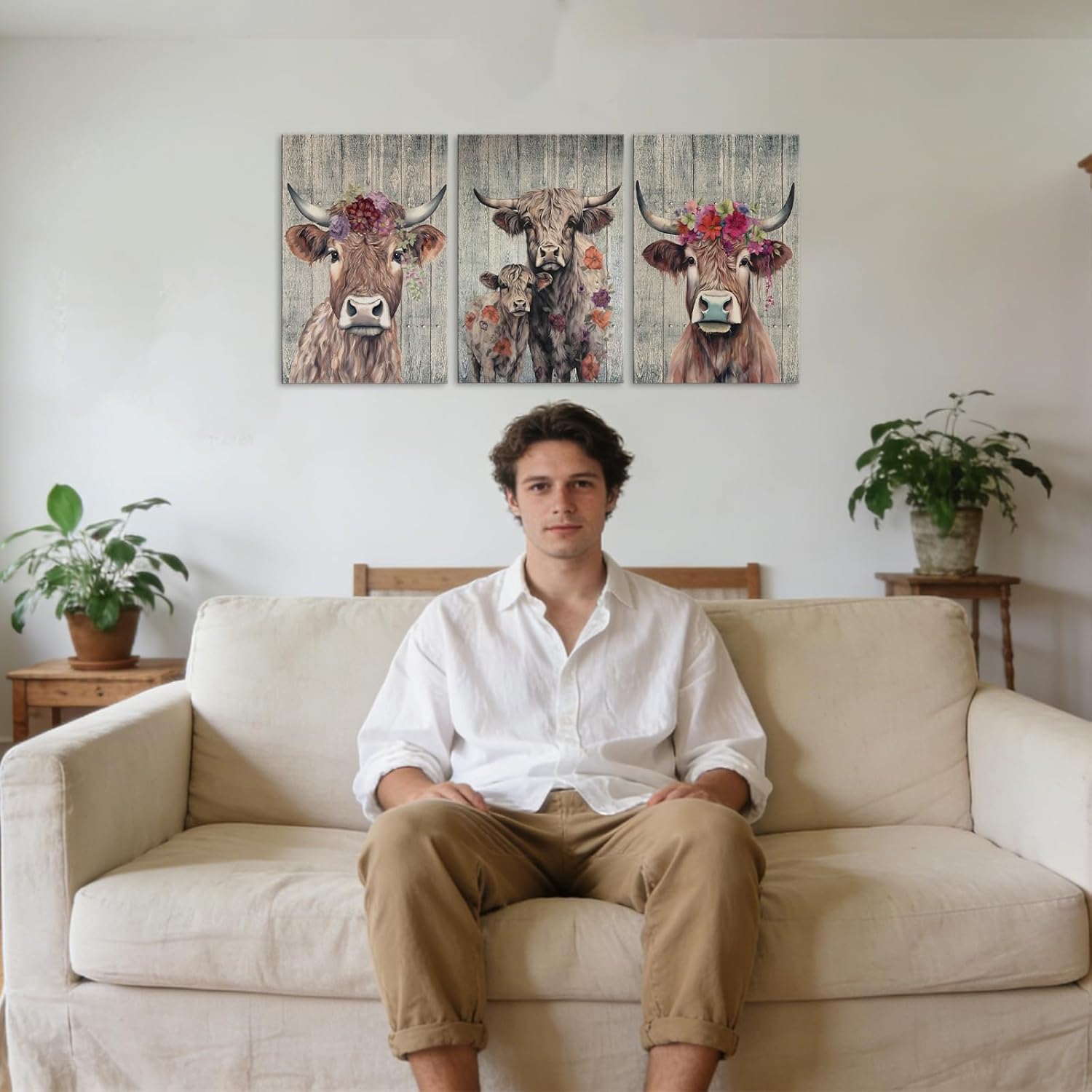 Cow Pictures Canvas Wall Art with Built-in Wooden Frame - Farmhouse Highland Cow Wall Decor & Rustic Animals Paintings Posters for Home Decoration - Lightweight & Easy Hanging, 12x16x3 Inches