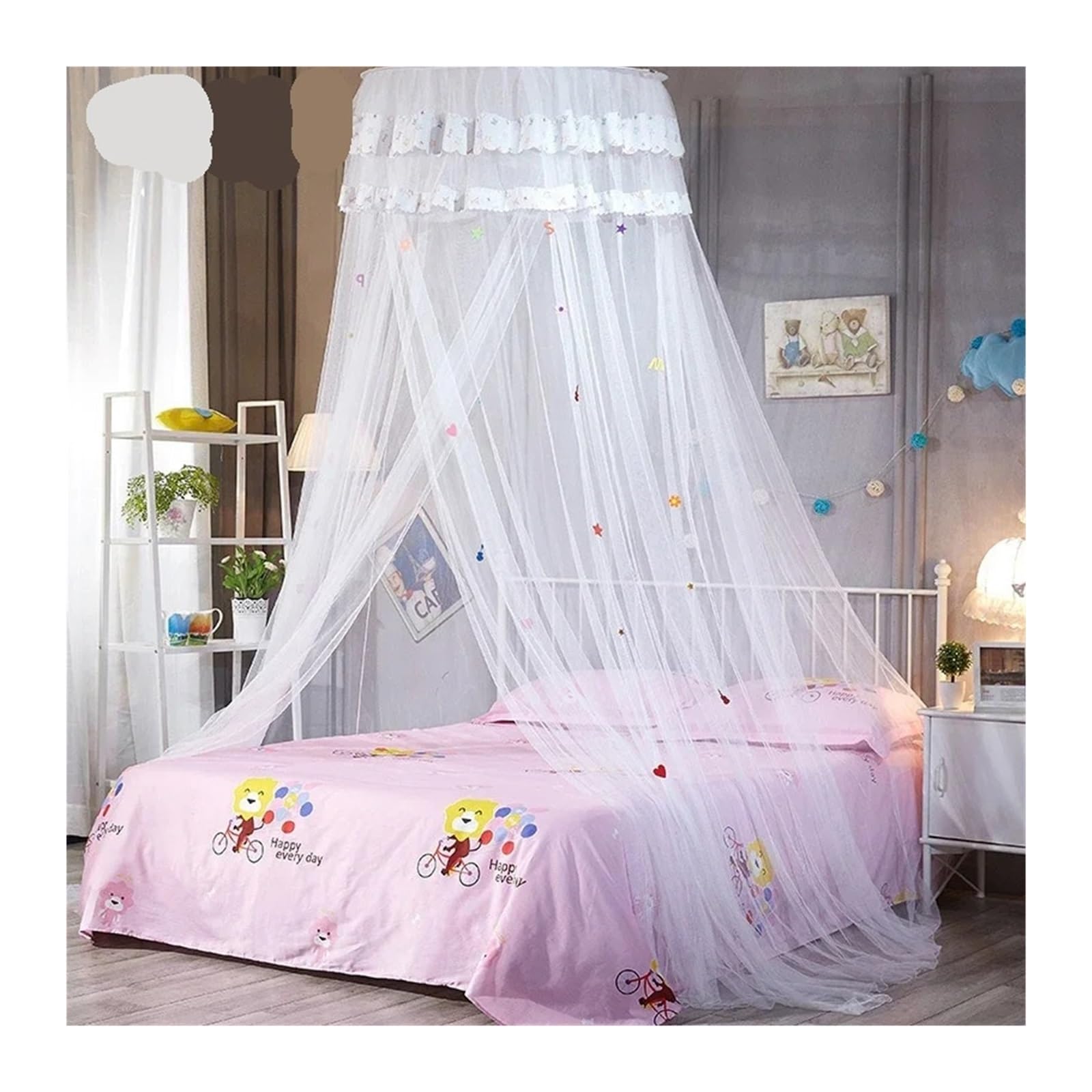 KiddiBubzi 1.5m Cartoon Dome Hanging Bed Canopy Encryption Heightened Ceiling Lace Lace Princess Dome Floor Bed Canopy(1.5m White 2PCS)