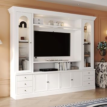 Timechee All-in-1 Mid Century Modern TV Stands for Living Room, Large Entertainment Center Wall Unit with Bookshelves and Storage Drawer, Tall White TV Stand with Storage and Light for Living Room