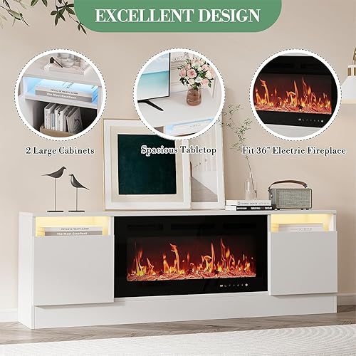 Miniatura 4 de Soporte de TV moderno para TV de hasta 75 pulgadas, armarios de mesa de consola de televisión blancos de 70 pulgadas con almacenamiento y luces LED,