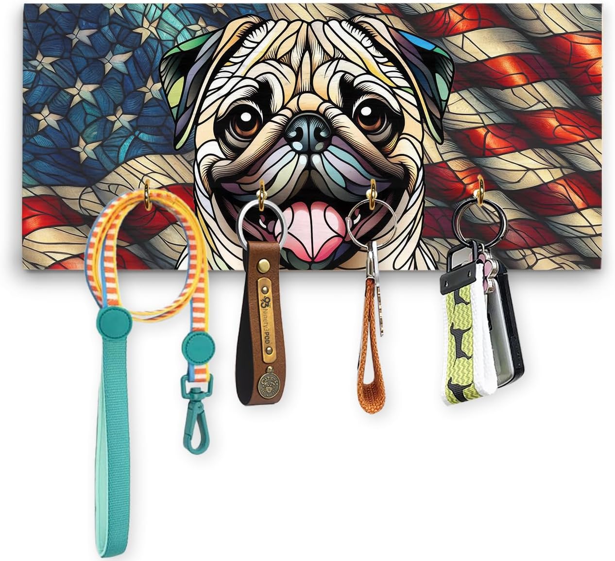 Patriotic Pug Stained Glass Portrait American Flag Wood Key Holder Pug Dog Lover Gifts Idea Wall-Mounted Key Rack Home Decor - 010