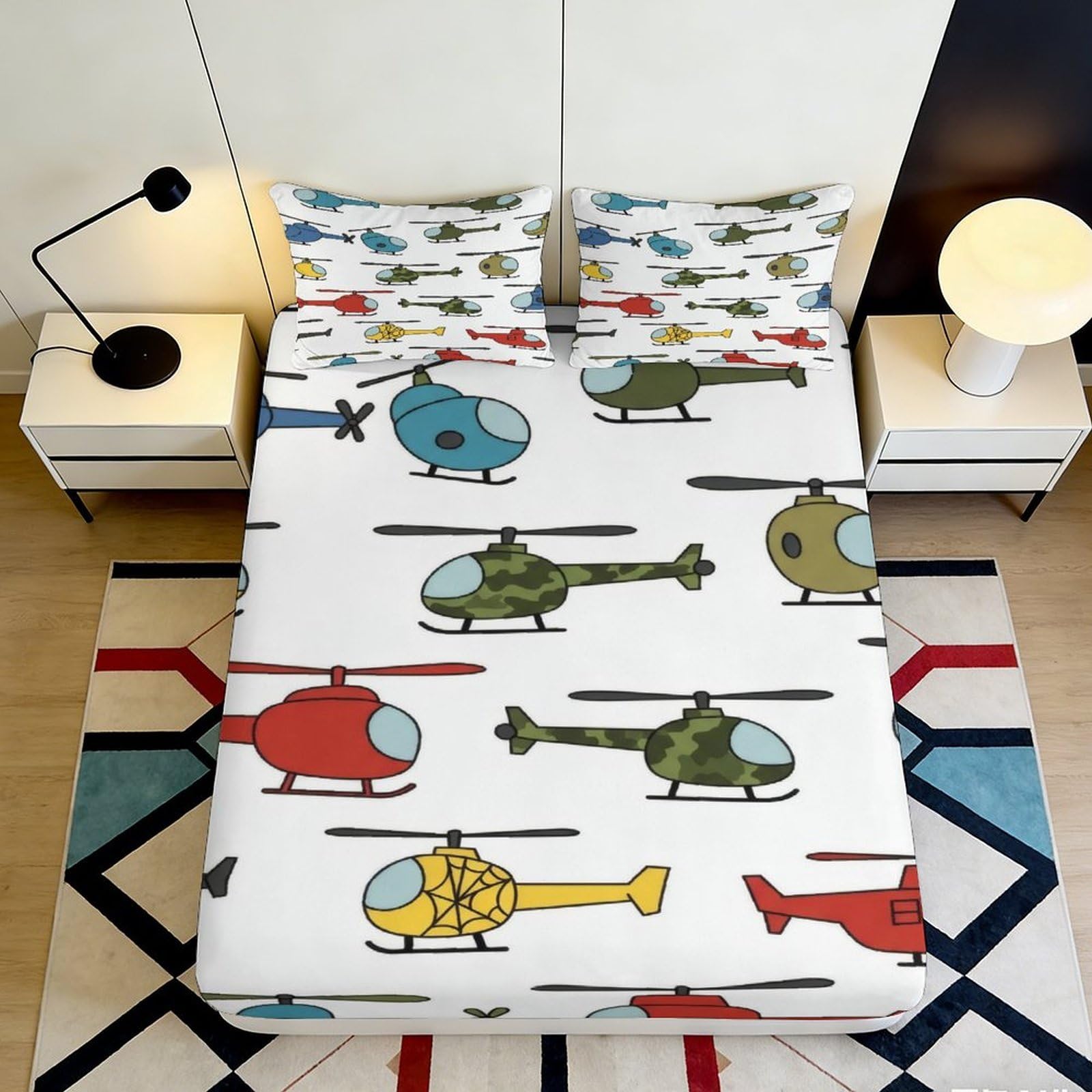 3D Printed Cartoon Helicopter Fitted Sheet Microfiber Soft Mattress Cover for Bedroom Dorm Room Decor Protection 90x200x25cm