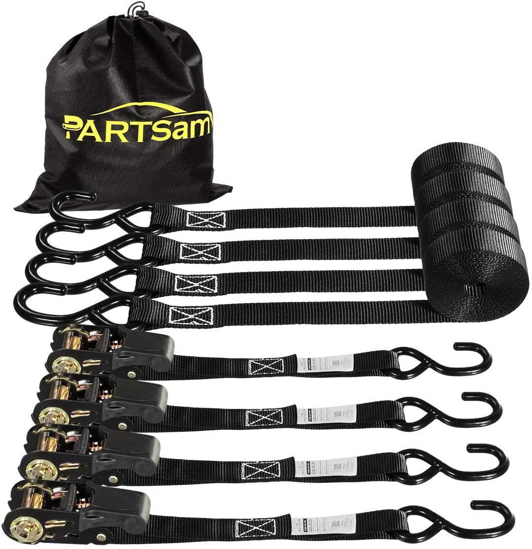 Partsam Ratchet Straps Heavy Duty Tie Down Set, 1823 Break Strength - (4) Heavy Duty 1" x 15' Cargo Tiedowns with Padded Handles & Coated S Hooks for Moving, Securing Cargo in Carry Bag (Black) : Automotive