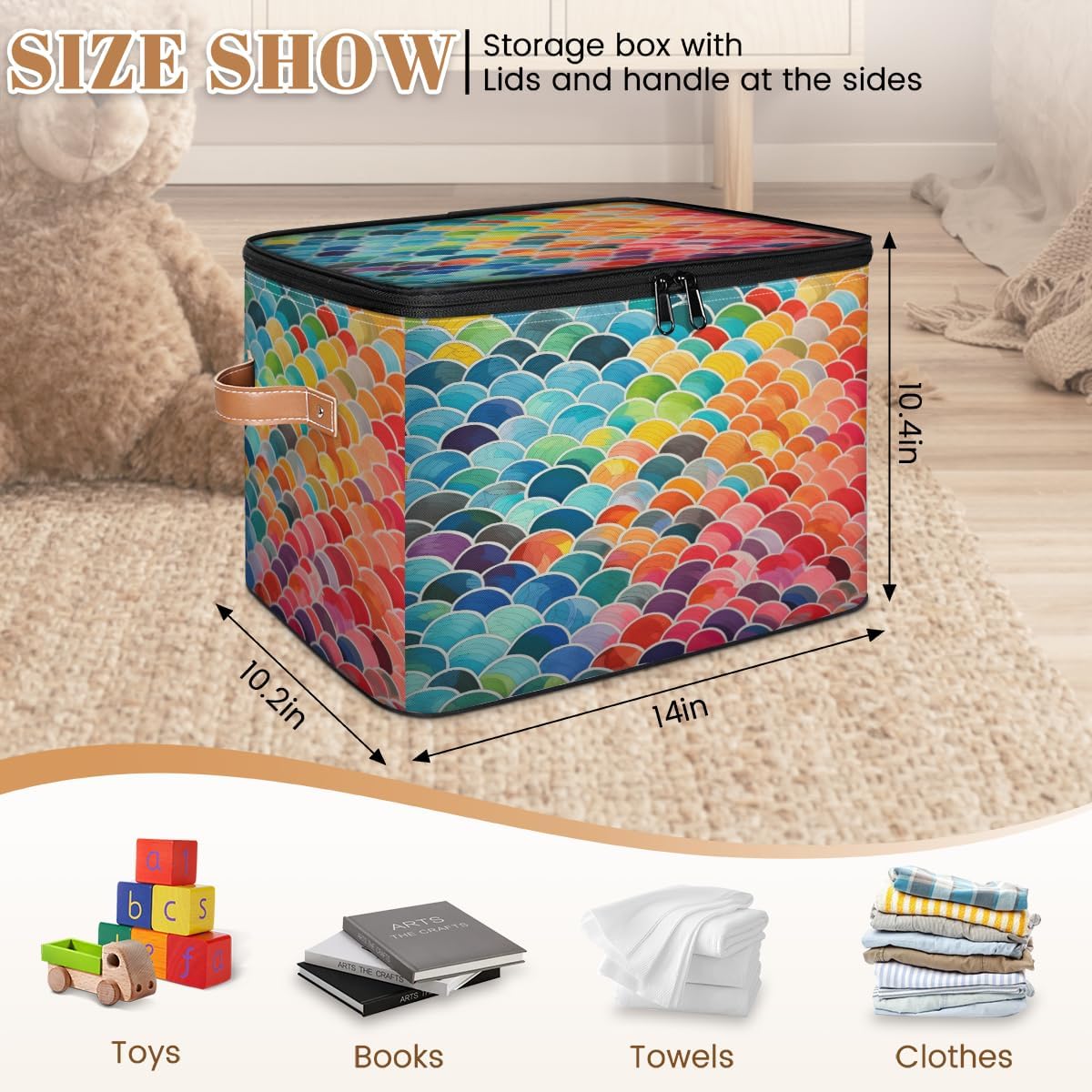 Storage Bin Set of 2 Rainbow Fish Scale Storage Basket with Zipper Lid & Handle Foldable Closet Shelf 2 Pack Cloth Organizer Basket Cube Bins Clothes Organizer for Nursery, Bedroom