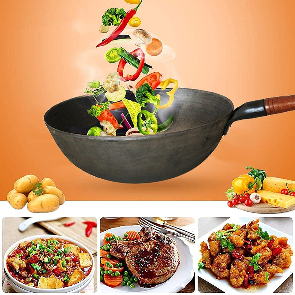 Amazon | 中華鍋 調理用フライパン 鋳鉄製調理用中華鍋 木製蓋付き 12