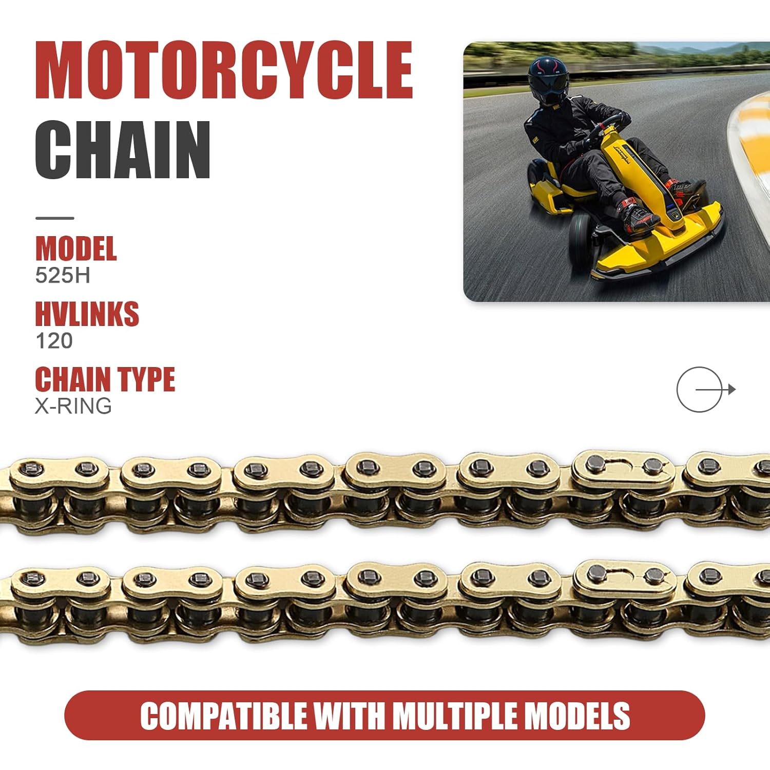 525 X-Ring Motorcycle Chain 120 Links with Connecting Master Link 525H High Performance Heavy Duty Gold Drive Chain for Motorcycle Bicycle Go Kart Mini Trail Bike