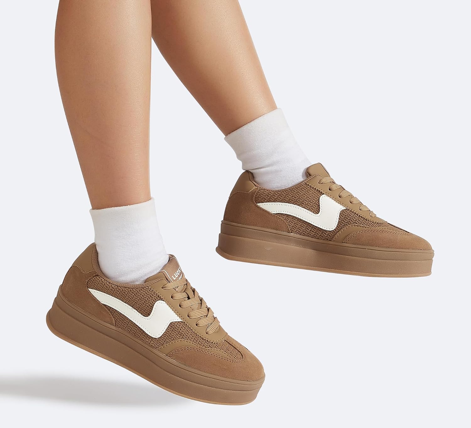 LUCKY STEP Women's Platform Fashion Sneakers Thick Sole Suede Faux Leather Classic Rubber Gum Sole Low Top Casual Walking Shoes
