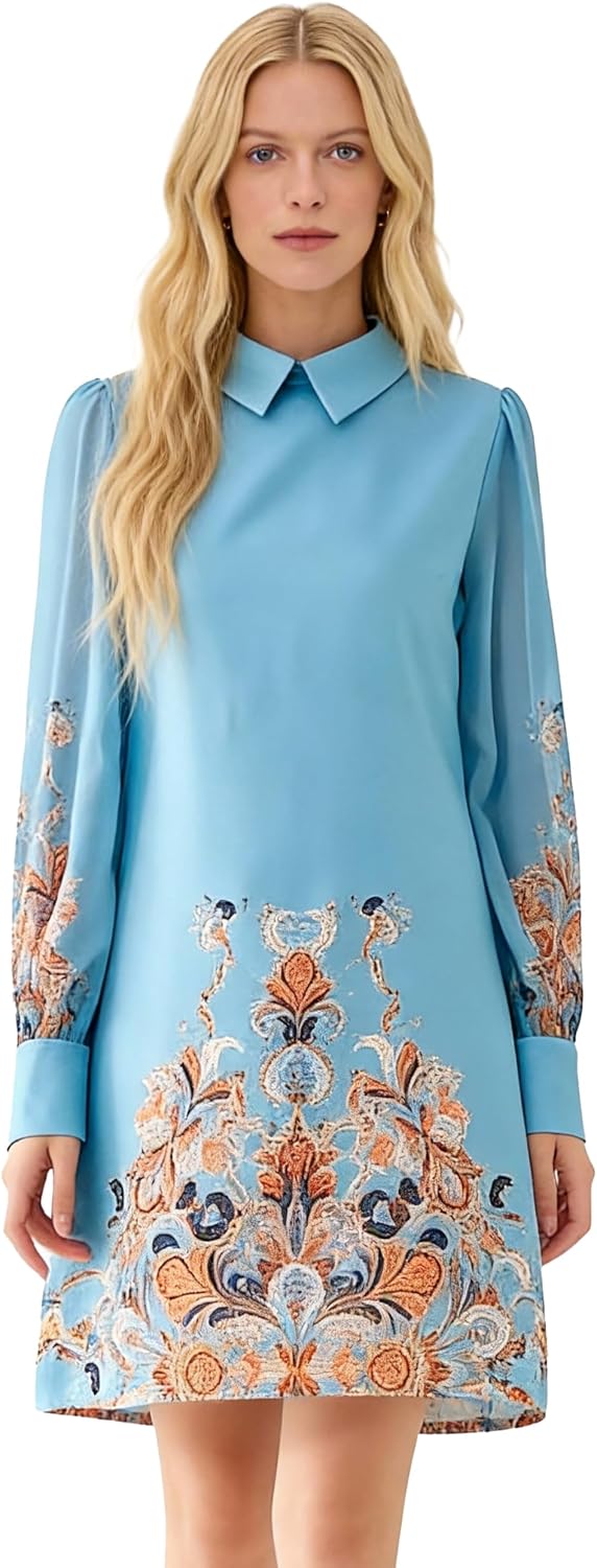LAI MENG FIVE CATS Women's Retro Floral Print Chiffon Long Sleeve Lapel Collar Cocktail Mini Dress