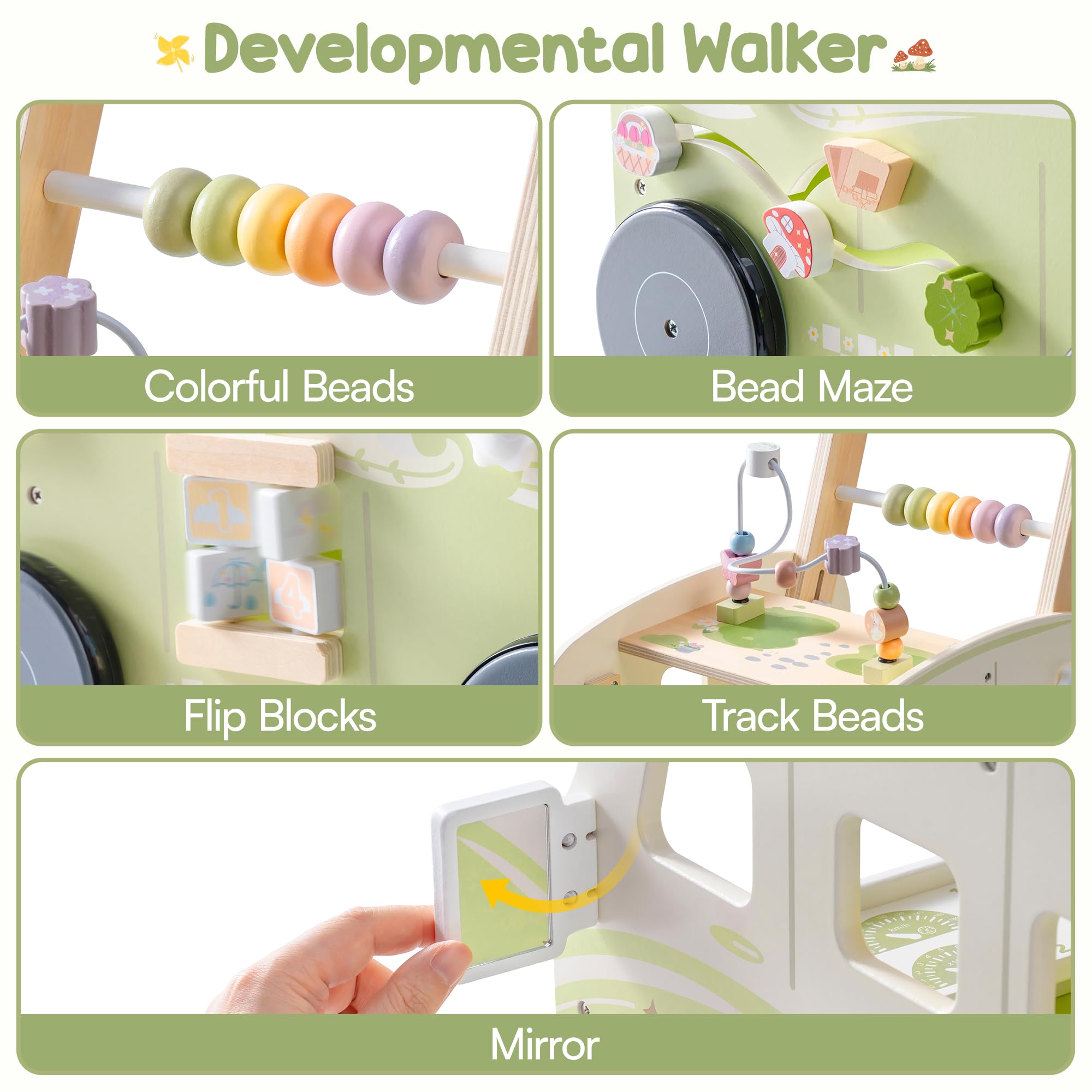 ROBUD Trotteur en bois - Vitesse et hauteur réglables - Aide à la marche pour bébé - Jouet éducatif - Cadeau pour garçons et filles à partir de 10 mois - 1-2 ans - Vert