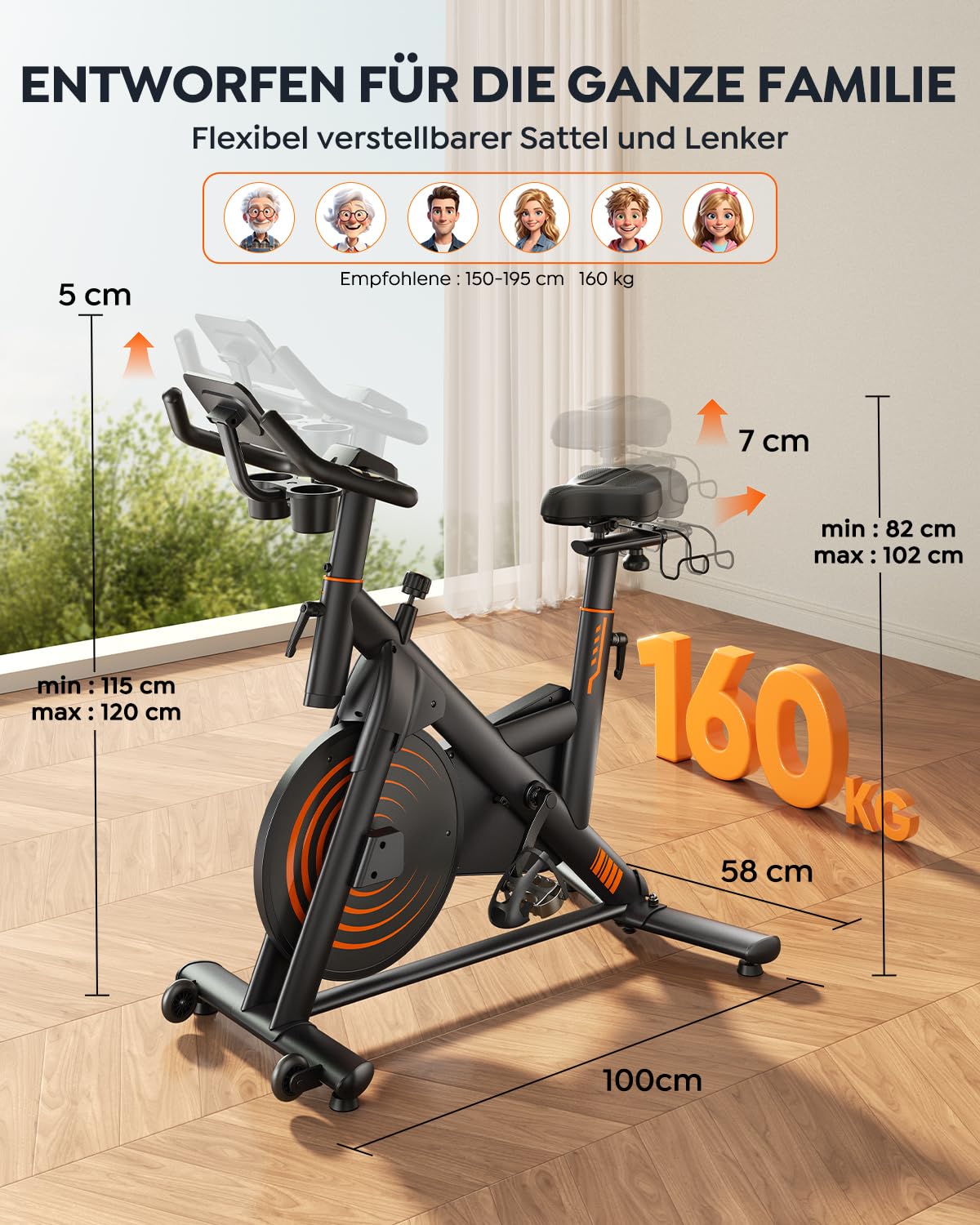 Hometrainer Fahrrad mit App, Ultraleise Heimtrainer Fahrrad, Ergonomisches Design, LCD Display mit Pulsmessung, Magnetischer Widerstand, 15KG Schwungrad, Bis 160KG