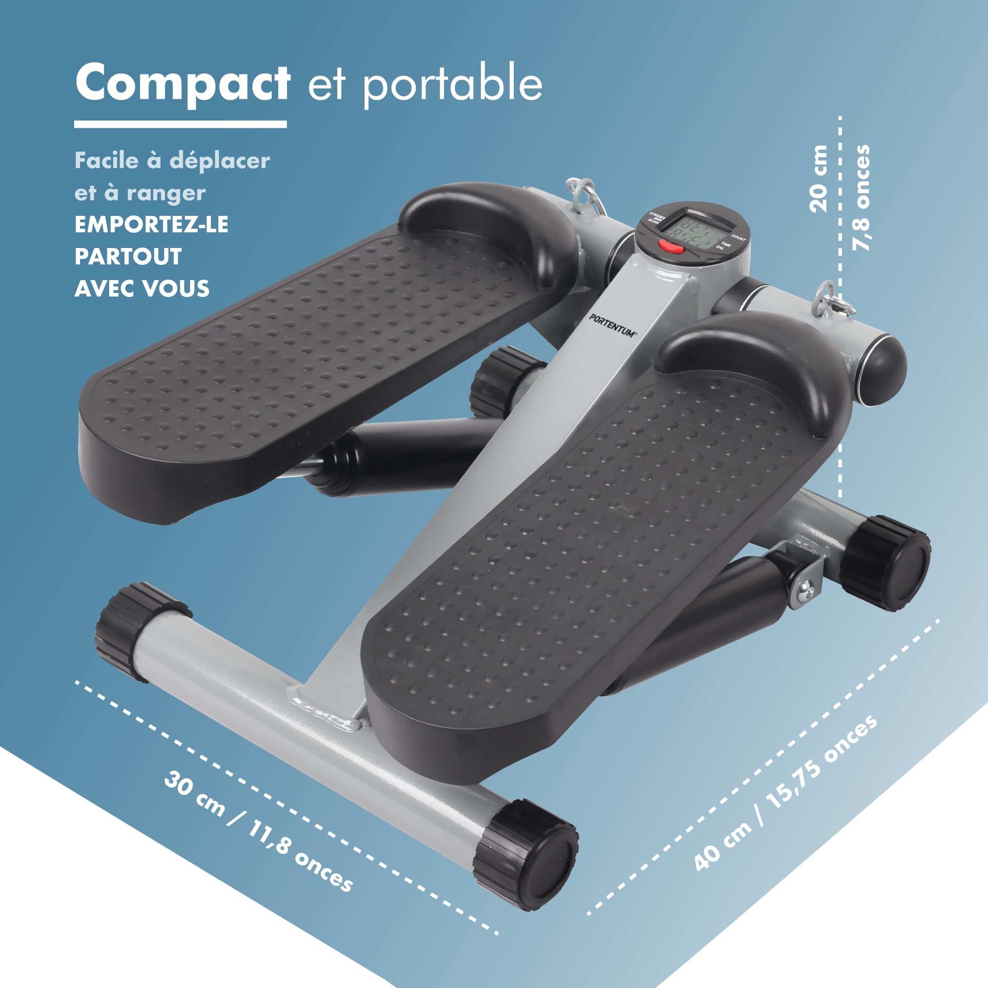 PORTENTUM Mini Stepper Fitness Appartement avec Bandes de résistance et écran LCD 5 Fonctions — escalier Sport Maison 3-en-1 pour Jambes, fessiers et Bras — Intensité réglable — Compact