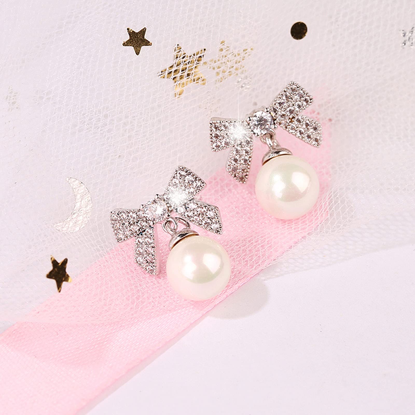 Damen-Ohrringe, Damen-Ohrringe, Schleifen-Set, Diamant-Ohrringe, Perlen-Anhänger-Ohrringe, hypoallergene Ohrstecker für Mädchen