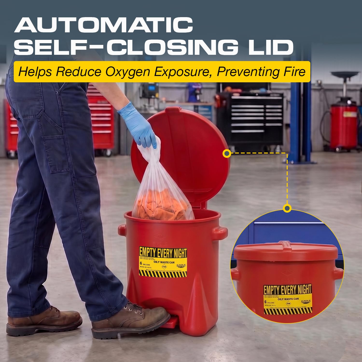 Eagle Oily Waste Can, Self-Closing Lid, 6 Gallon, Made in the USA, Red — Amazon image 6