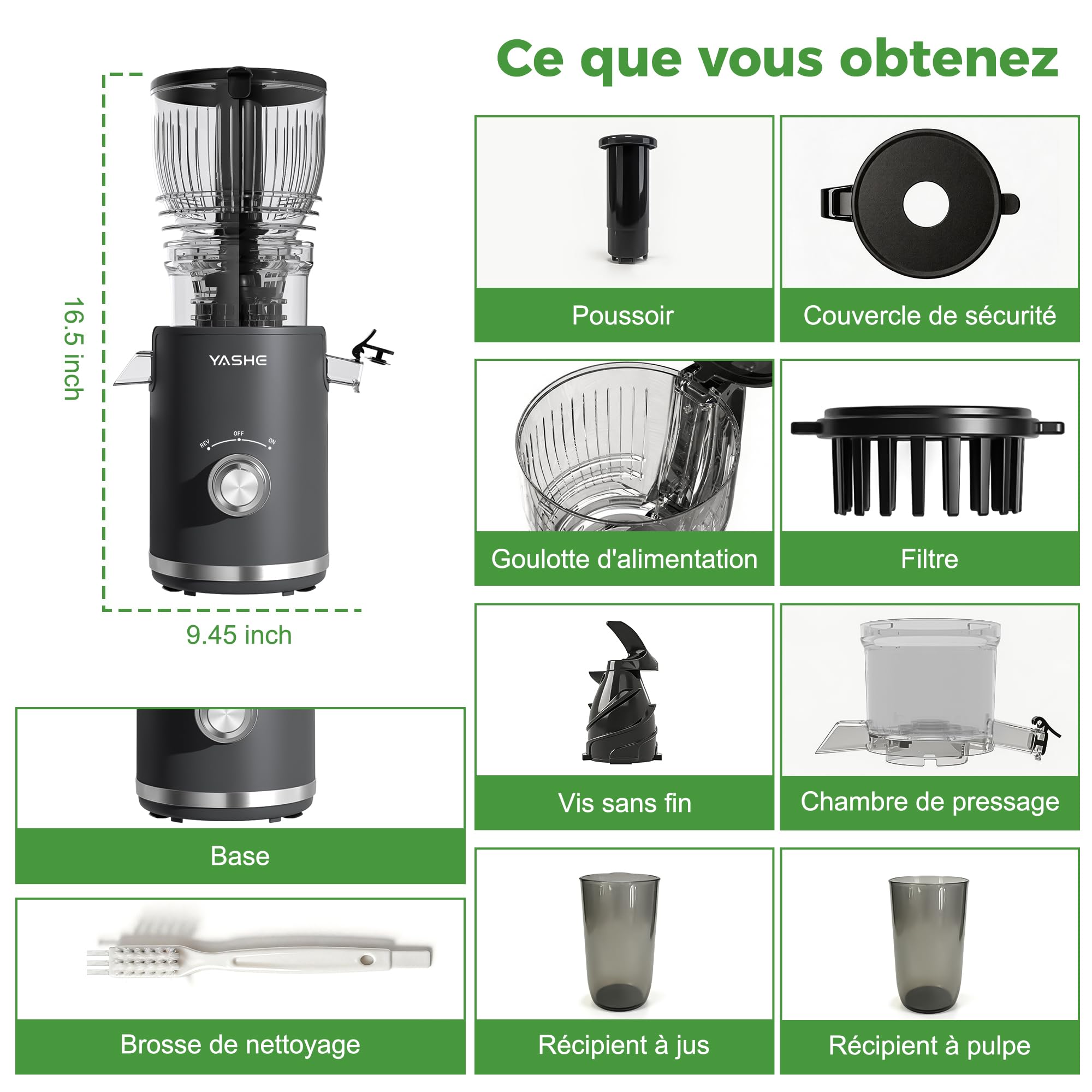 YASHE Extracteur de Jus Lent 300W, Goulotte 148 mm pour Fruits et Légumes Entiers, Slow Juicer avec Fonction Inverse, Moteur Silencieux, Sans BPA, Nettoyage Facile