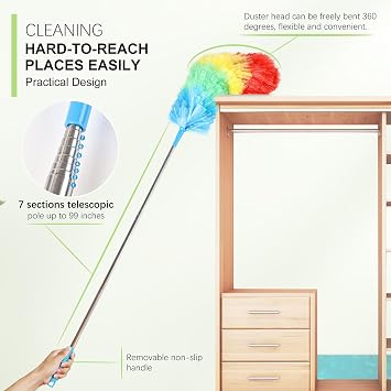 Rainbow Extendable Static Duster Reusable Microfiber Duster with 100 Telescoping Pole, Beandable and Washable Dusters Head for Cleaning Ceiling, Fan, Furniture