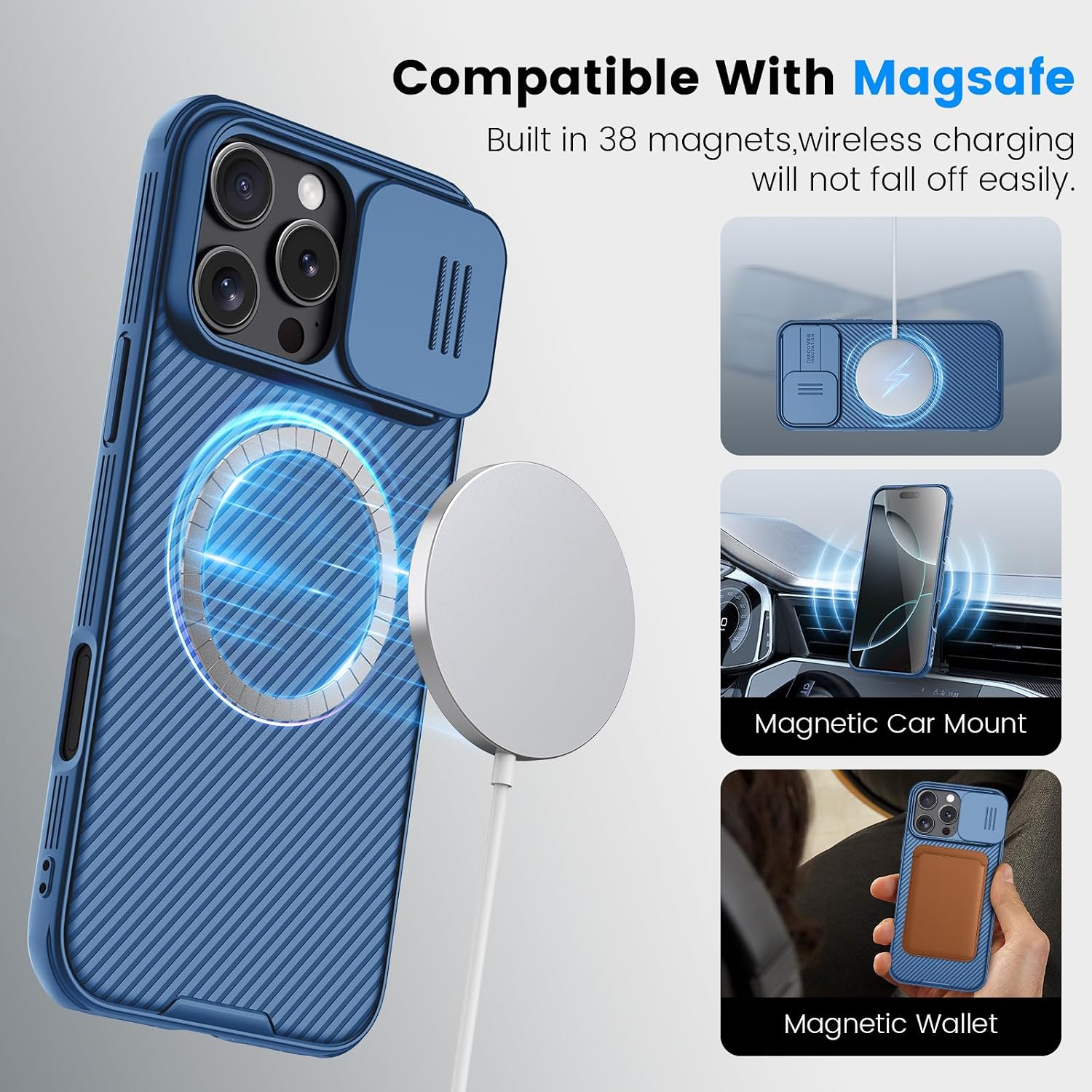Nillkin for iPhone 16 Pro Case,Compatible with MagSafe, CamShield Pro 16 Pro 5G Phone Case with Camera Cover,Car Magnetic Mount Case 6.3’’, Built-in Magnet, Black (Magnetic Blue, for 16 Pro)
