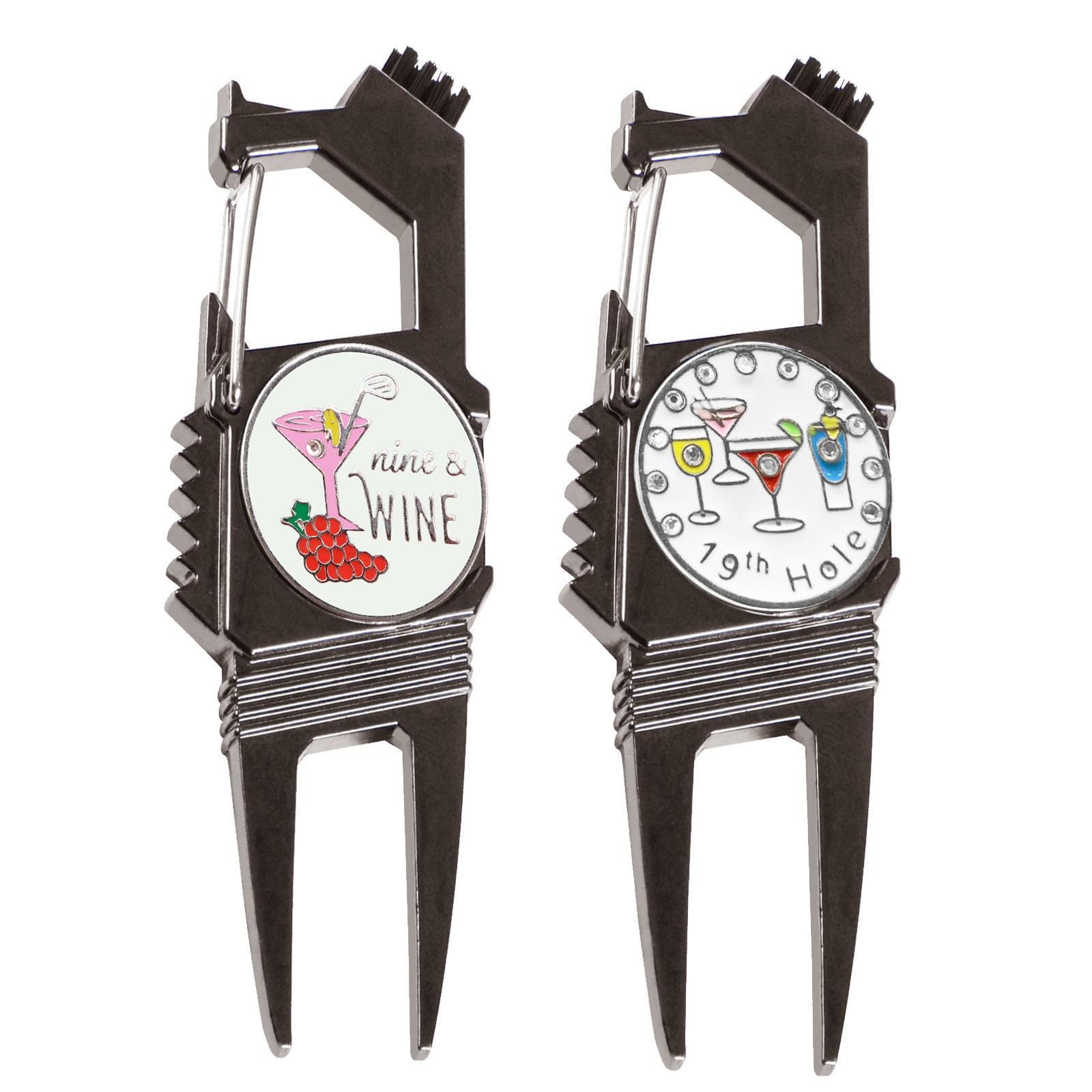 AXKAL Golf Divot Tool& Ball Marker 7-in-1 Function - Bottle Opener Groove Cleaner Clean Brush and Belt Clip 2 Pack, Portable & Useful Designed to Be the Ultimate Tool for the Green (Style B, Black)