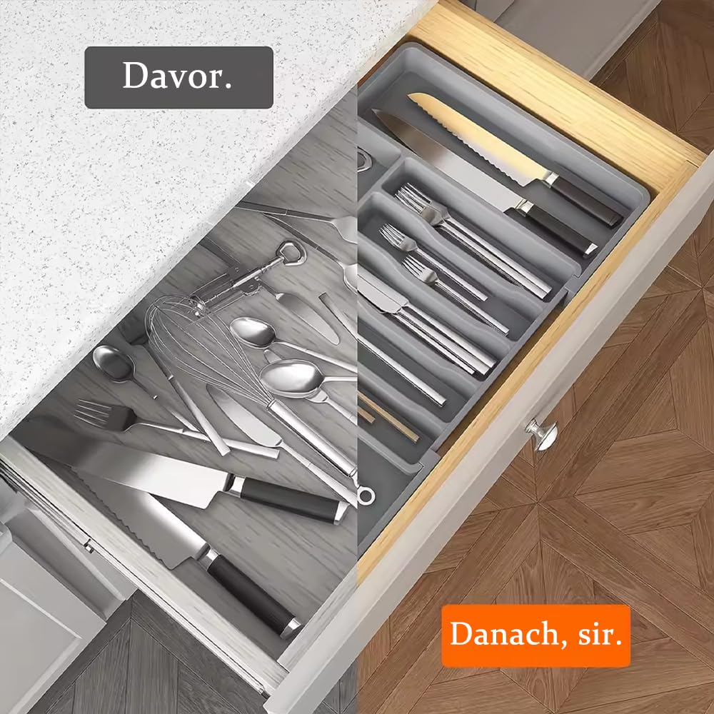 Erweiterbarer Besteckkasten für Schubladen, Schubladen Organizer, Besteckkasten für Schubladen, Verstellbarer Schubladeneinsatz Besteckeinsatz, Küchen Organizer, für Löffel/Gabeln (Grau)