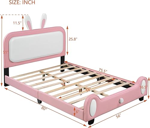 Miniatura 2 de Cama de princesa tapizada en forma de conejo de tamaño matrimonial, cama de plataforma de tamaño matrimonial con cabecera y estribo, marco de cama