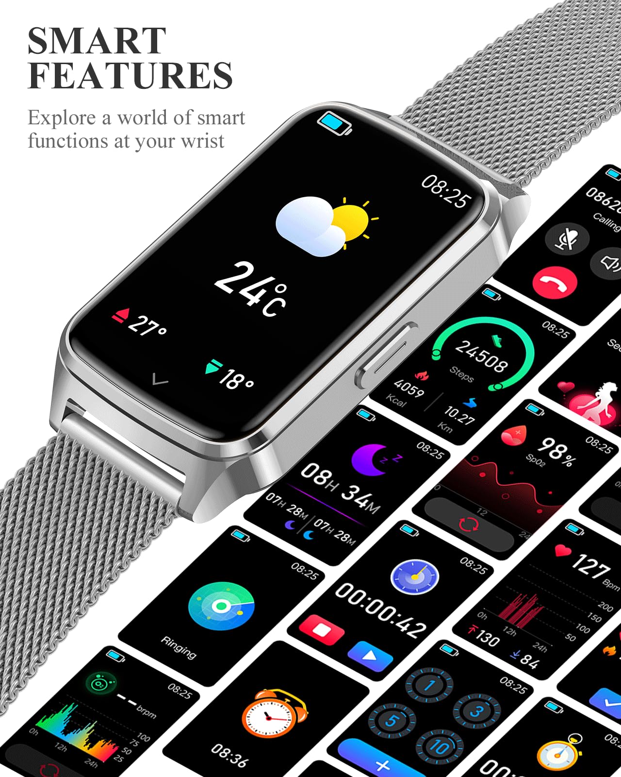 Reloj de seguimiento de fitness para mujeres y hombres, contador de pasos compatible con iPhone Android, IP68, rastreador de actividad impermeable con monitor de calorías y sueño, más de 110 modos