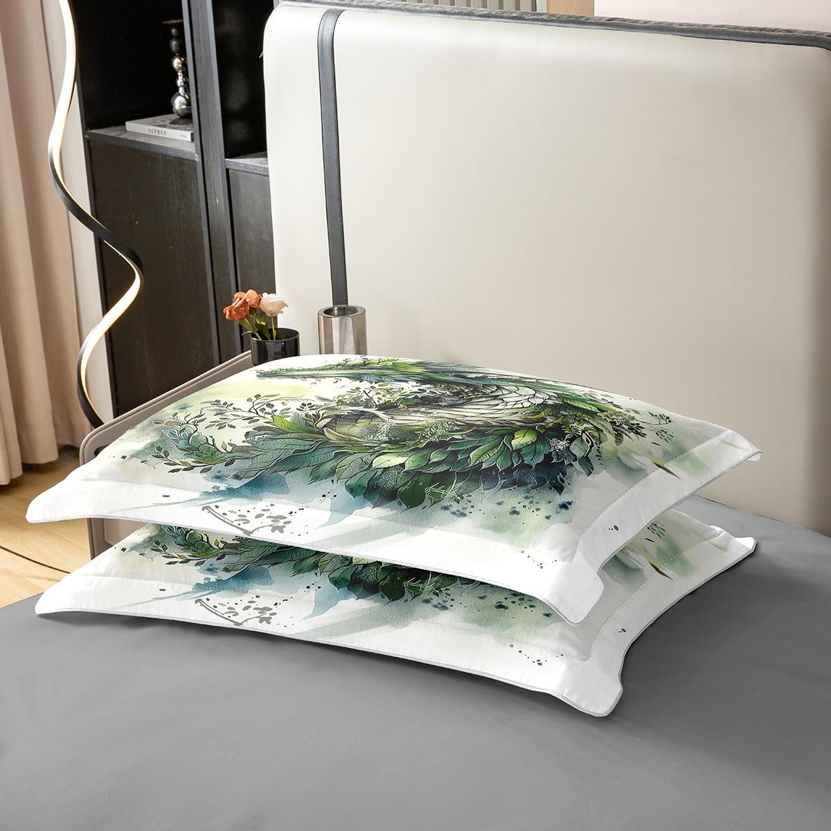 Loussiesd Drache 100% Baumwolle Bettwäsche Set 135x200cm Grasdrache Betten für Kinder Mädchen Jungs Wild Life Bettbezug Wild Tier Bettwäsche-Set Zimmer Dekor Weiß Grün