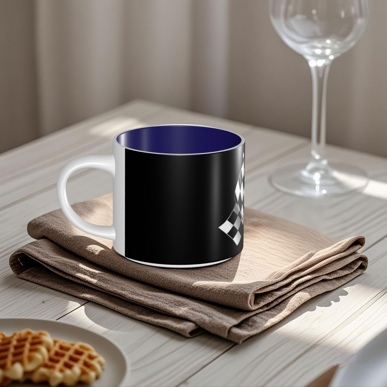 Schwarz-weiße Formel, karierte Flaggen, bedruckt, große Kapazität, Keramik-Tassen mit Kaffeetasse
