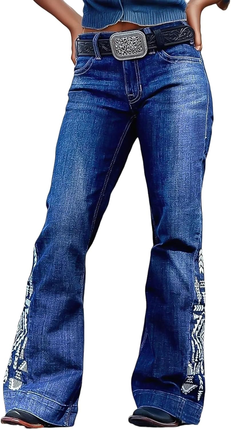 Flamingals Embroidered Boot Cut Jeans for Women Mid Waist Stretchy Trendy Wash Flared Leg Denim Jeans