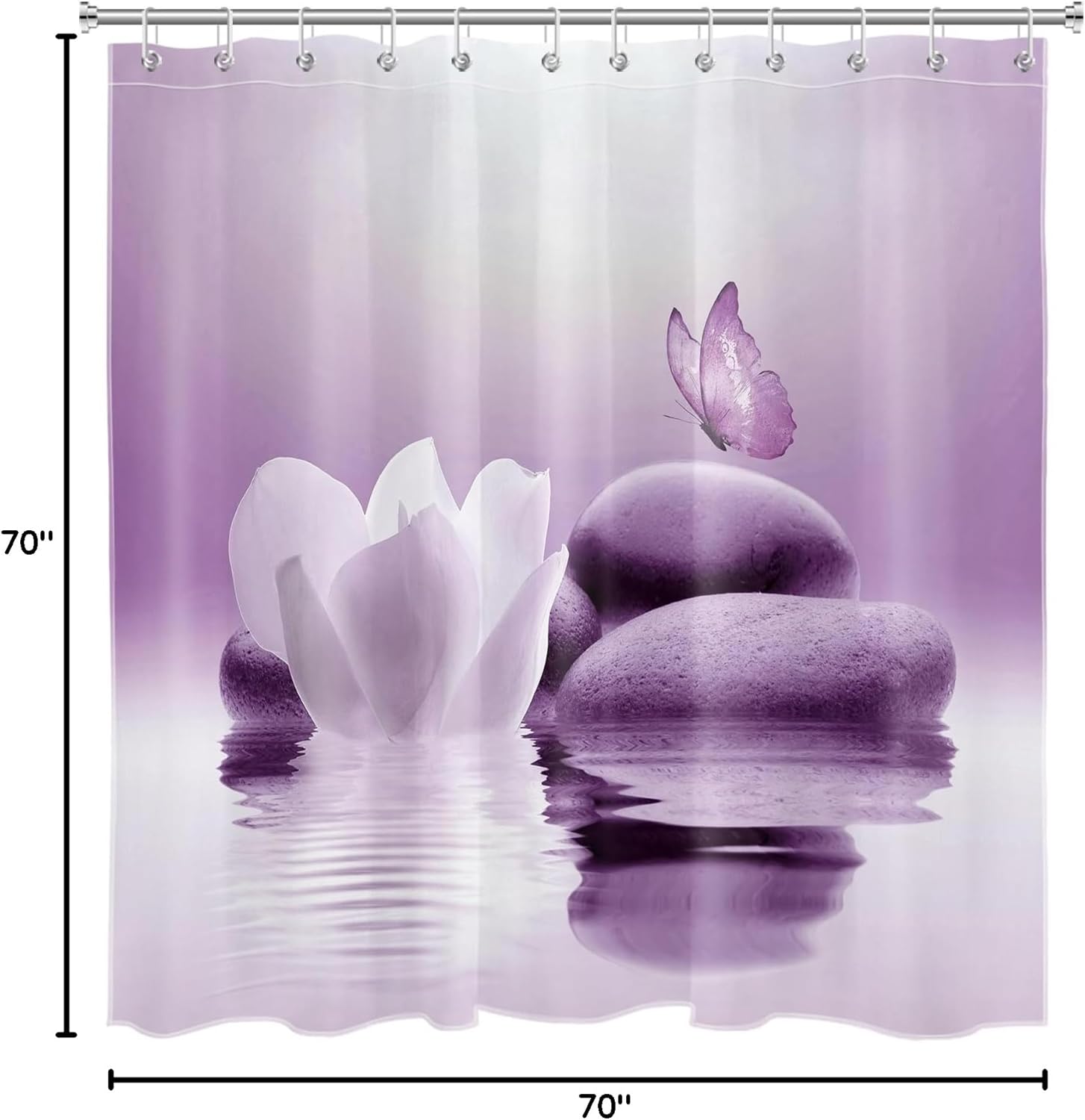 LB Zen Relaxing Spa Shower Curtain Sets with Rugs Purple Butterfly and Flower in Water Fabric Shower Curtain with Hooks Massage Stone Bathroom Curtains Shower Set, 70x70 inches