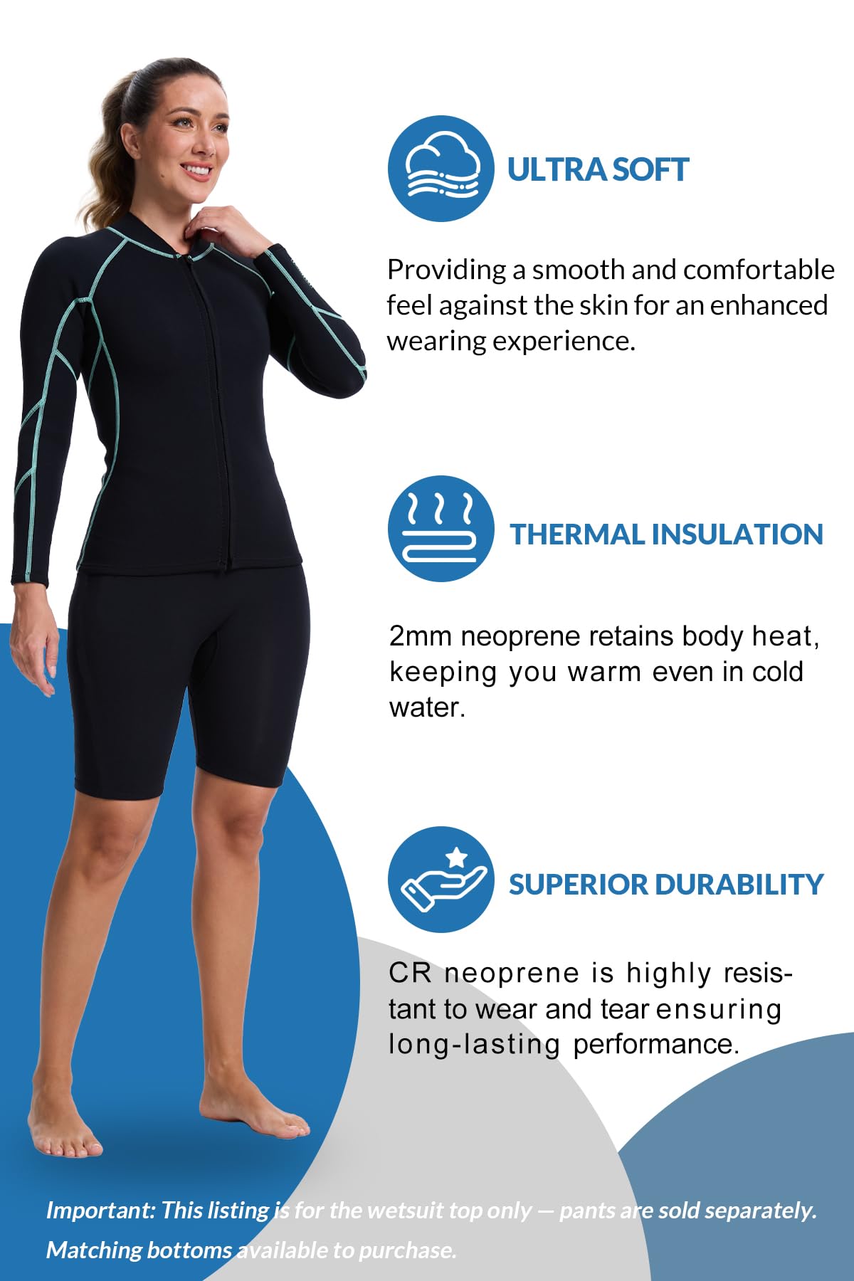 Lemorecn Damen Neoprenanzug Top 2 mm Langarm Super-Stretch Neoprenjacke zum Tauchen, Surfen, Schnorcheln & Wassersport