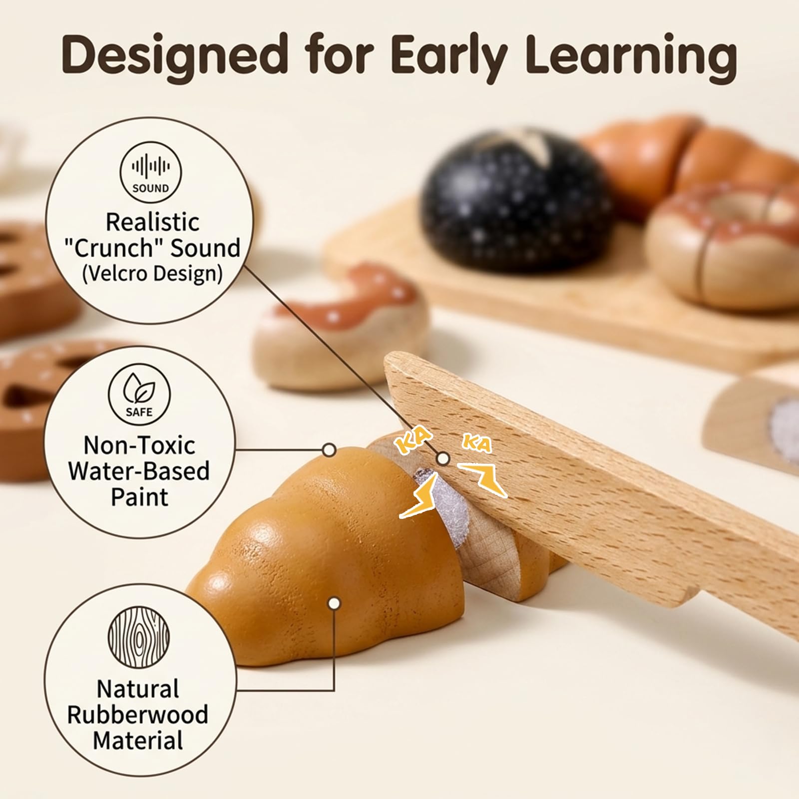 DESPOINA Kinderküche Zubehör, Spielküche Zubehör aus Holz, Frühstück Set Küchenspielzeug Brot Schneiden mit Klettverbindung, ab 3 Jahre Lernspielzeug Rollenspiele Geschenk für Mädchen und Junge