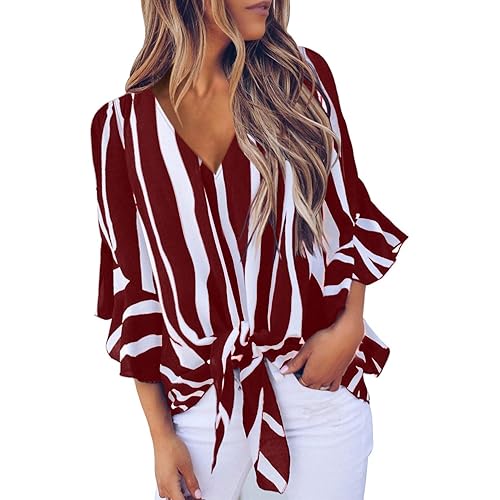 Asvivid Womens Summer Floral Printed Off The Shoulder Tops 3 4 Flare Sleeve Tie Knot T-Shirt Blouses