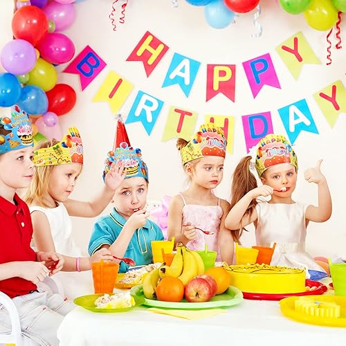 Vista 12 de Zonon 36 coronas de cumpleaños para niños, ajustables, coloridos, sombreros de feliz cumpleaños para fiestas escolares