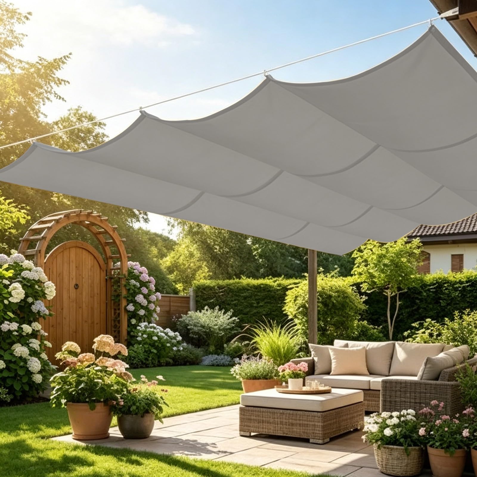Voile ombrage vague rétractable gris 320x850 cm en toile tendue 180g