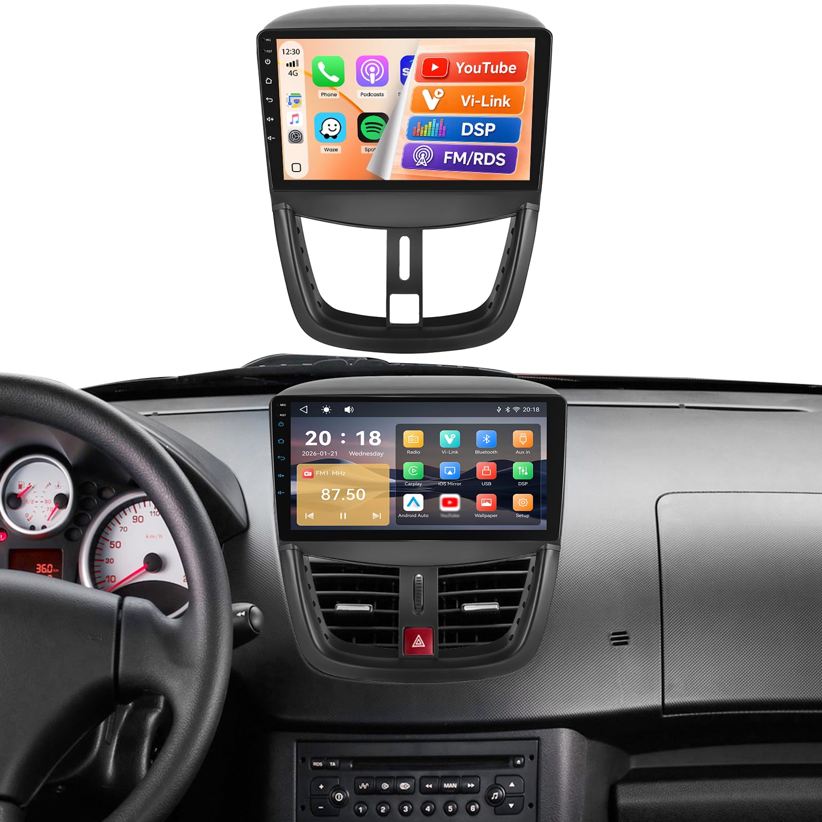 Autoradio per Peugeot 207 2006-2015 Schermo IPS 9" Touch Apple CarPlay e Android Auto Radio Bluetooth 5.1 FM RDS DSP Comandi al Volante Telecamera Retromarcia