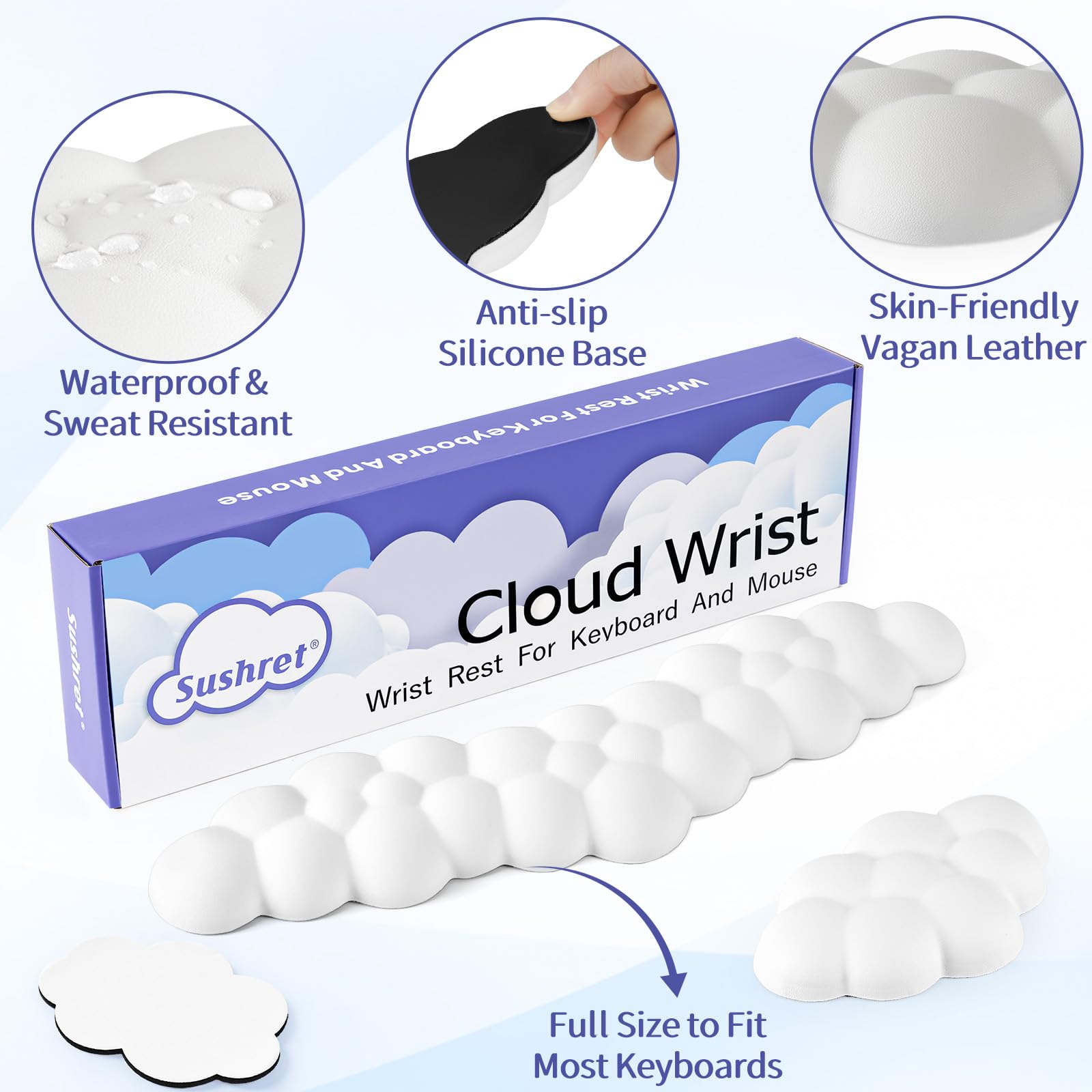 Sushret Cloud Wrist Rest Keyboard, Cloud Keyboard Wrist Pad Set with PU Leather Memory Foam, Cute Arm Rest for Palm Support, PC/Gaming Desk Accessories/Office Setup/Computer Hand Cushion - White: Full Size 08white-full Size