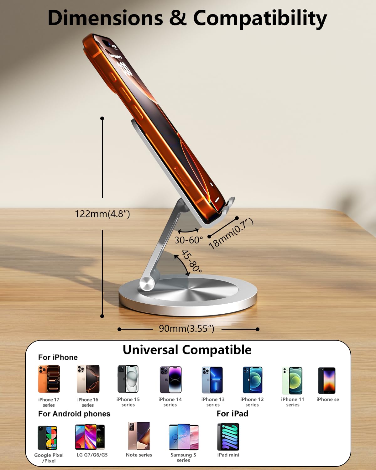 Supporto per telefono da scrivania, girevole a 360°, doppio supporto pieghevole regolabile, base in alluminio resistente, antiscivolo, stabile, per casa, ufficio, studio, adatto per telefoni